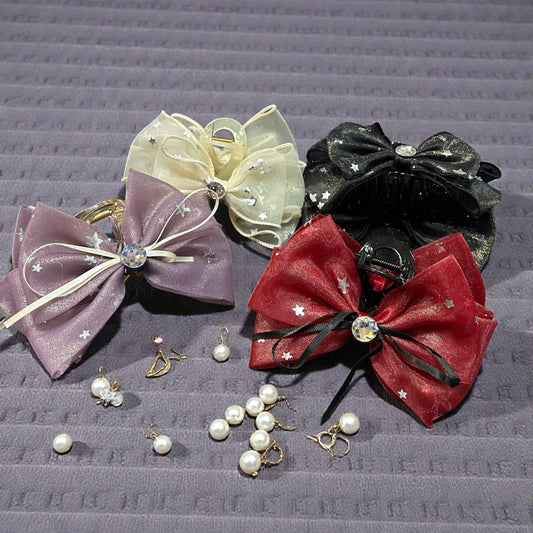Star Glitter Korean Organza Bow Hair Clutcher – Designer Party Wear Hair Clip( pack of 12)