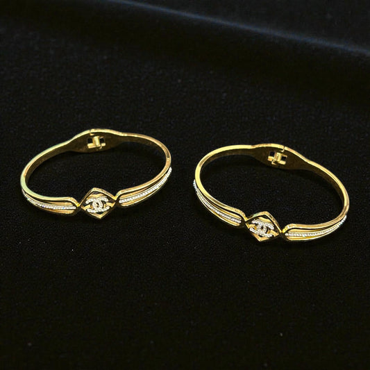 Anti-Tarnish Gold-Tone Designer Kada Bangles with Crystal Logo Motif( pack of 3)