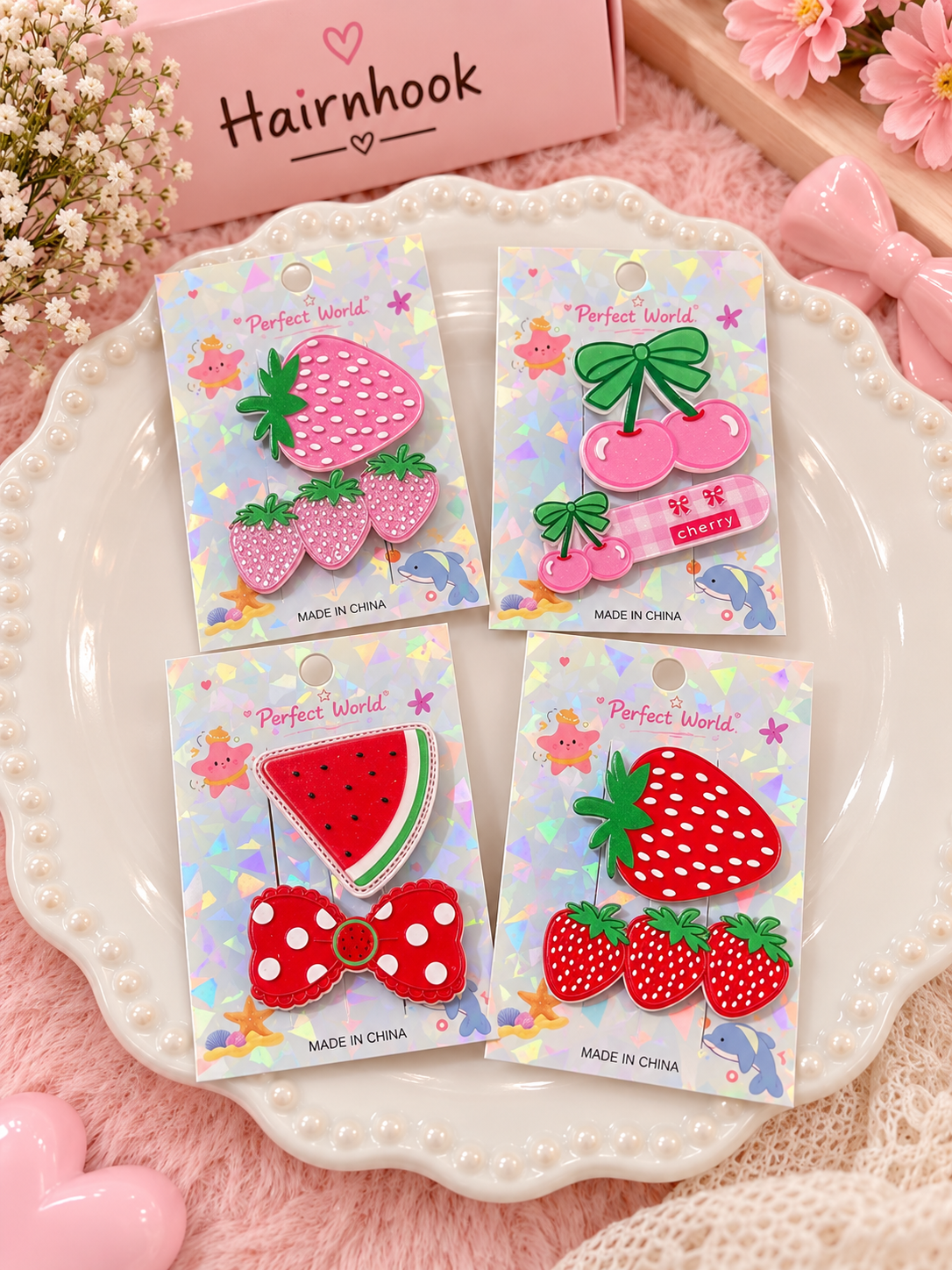 Cute Fruit Design Hair Clips Set – Strawberry, Cherry & Watermelon Hair Accessories( pack of 12)