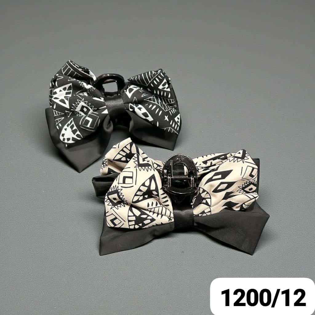 Geometric Print Layered Bow Hair Clutcher – Monochrome Style (Pack of 12)