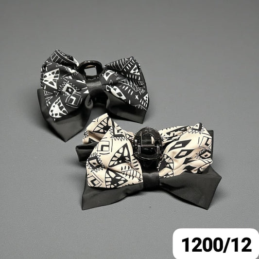 Geometric Print Layered Bow Hair Clutcher – Monochrome Style (Pack of 12)