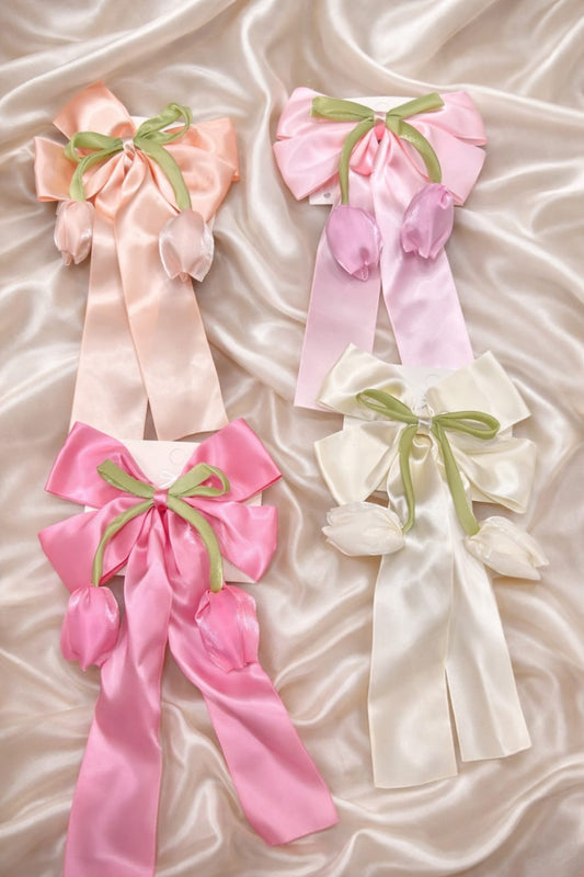 Korean Satin Bow Hair Clip with Tulip Design | Long Ribbon Aesthetic Hair Accessory for Girls | Cute Pastel Hair Bow( pack of 12)