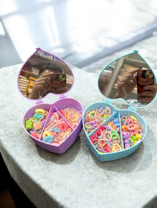 Cute Heart Shape Mirror Hair Accessories Organizer Box – Kawaii Storage Case with Colorful Hair Bands & Clips( pack of 3)