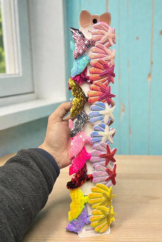 Mermaid Sequin Hair Clips Set for Girls | Starfish & Shell Glitter Snap Clips (pack of 10)