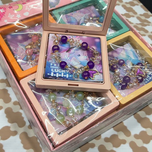 Butterfly Charm Crystal Beaded Bracelet Set with Pastel Gift Box-4 mix design ( pack of 12)