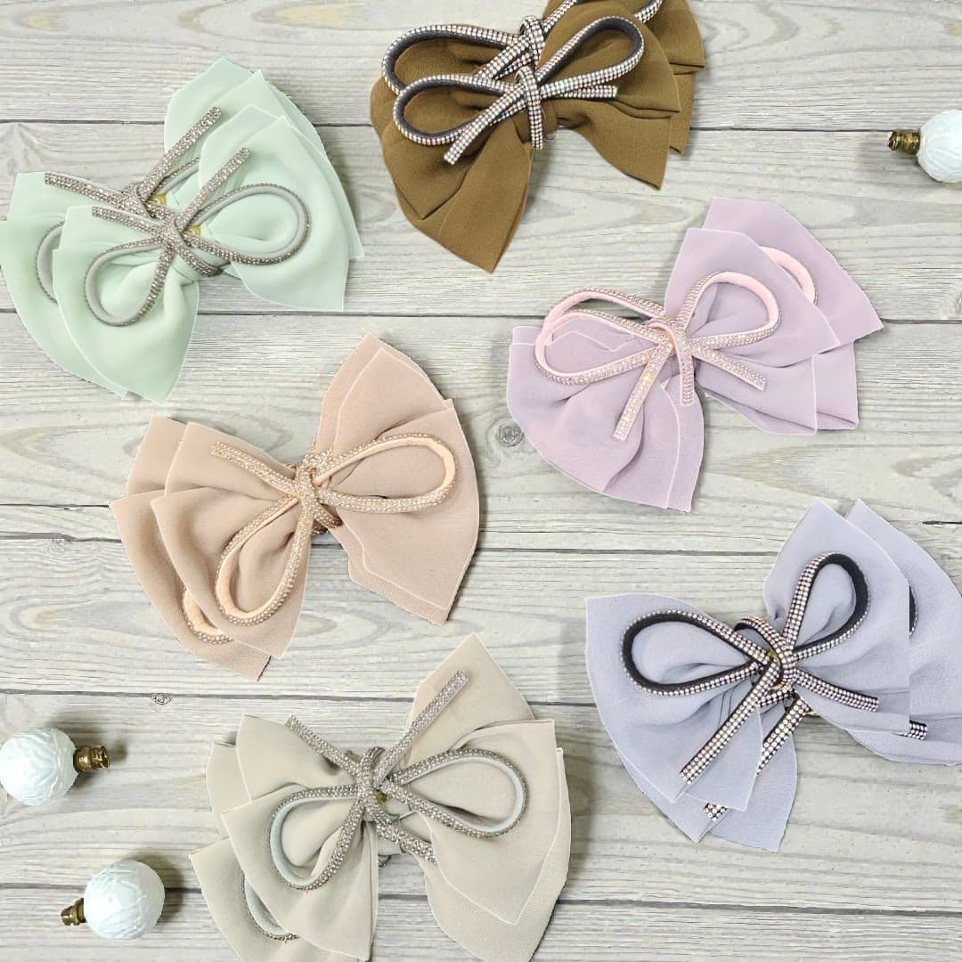 Elegant  Bow Hair Clips for Girls & Women | Rhinestone Ribbon Bow ( pack of 12)