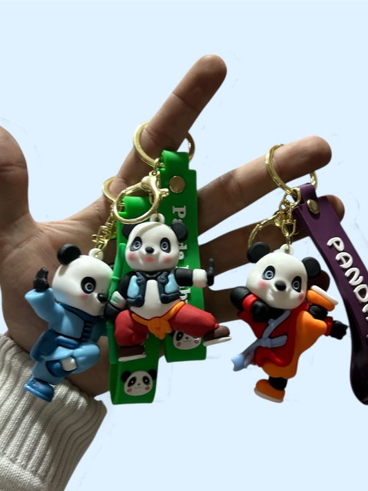 Kung Fu Panda Style Cartoon Keychain Set | Cute 3D Panda PVC Key Ring with Strap (Pack of 12)