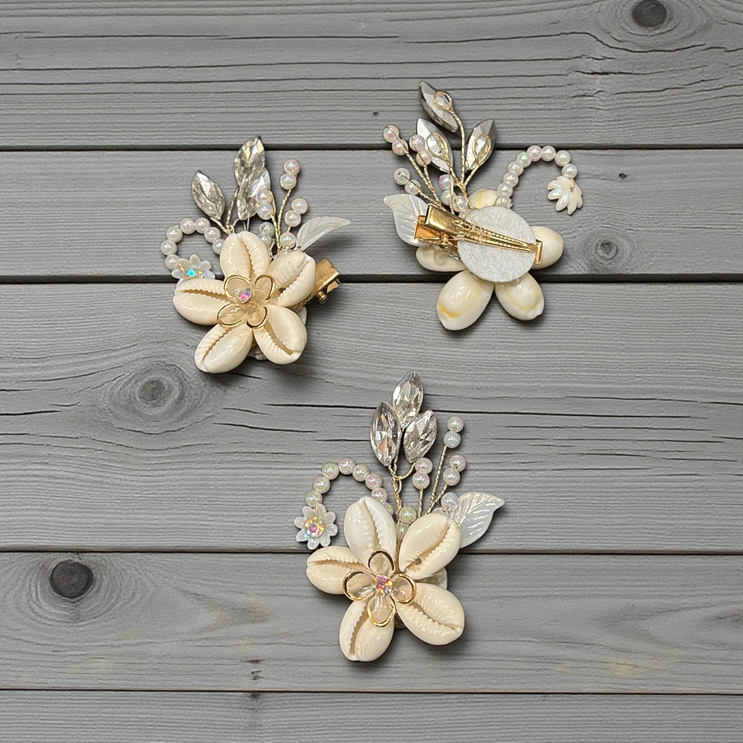 Elegant Shell Flower Hair Clip with Pearls & Crystal Leaves | Handmade Floral Hair Accessory for Women & Girls( pack of 3)