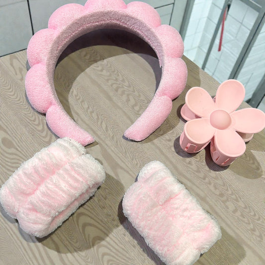 Hair Accessories Set – Soft Makeup Headband, Flower Hair Claw & Wrist Wash Bands combo set ( pack of 6 colour)