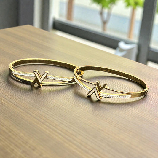 Anti-Tarnish Gold-Tone Alphabet “V” Kada Bangles with Crystal Line Detailing( pack of 3)