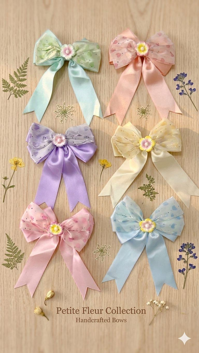 Petite Fleur Satin Bow Clips – Pastel Floral Korean Aesthetic Hair Accessorie( pack of 12)