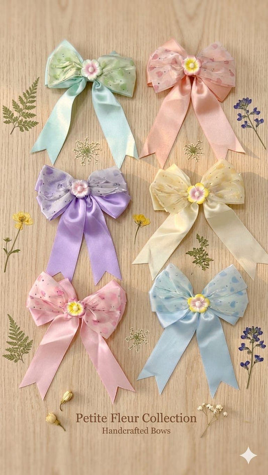Petite Fleur Satin Bow Clips – Pastel Floral Korean Aesthetic Hair Accessorie( pack of 12)