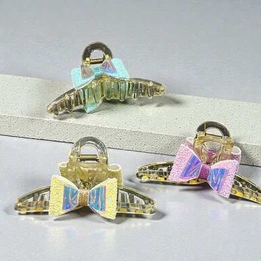 Korean Glitter Bow Hair Claw Clip for Women & Girls – Transparent Stylish Hair Accessory( pack of 12)