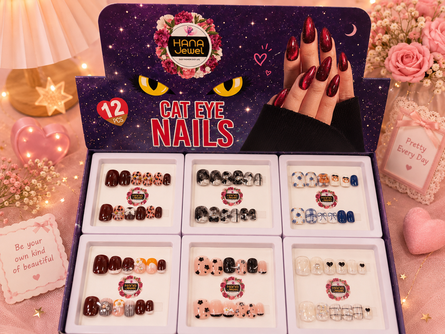 ✨ Hana Jewel Cat Eye Press-On Nails ✨( pack of 12 set)