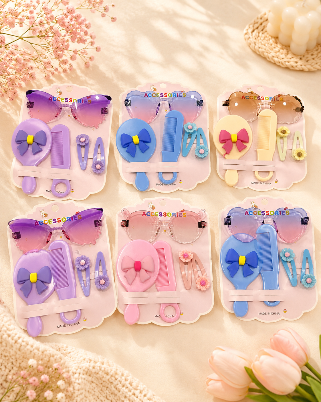 Kids Hair Accessories Gift Set | Korean Mirror, Comb, Sunglasses & Hair Clips Set | Cute Girls Grooming Kit(pack of 12 sets)