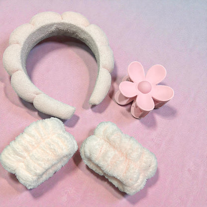 Hair Accessories Set – Soft Makeup Headband, Flower Hair Claw & Wrist Wash Bands combo set ( pack of 6 colour)
