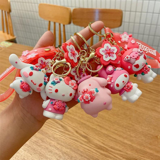 Cute Pink Cartoon Character Keychain with Strap | Soft Rubber Kawaii Key Ring for Bags & Keys( pack of 12)
