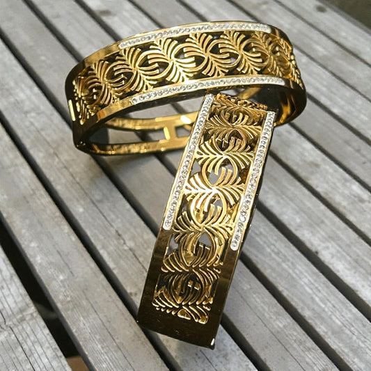 Anti-Tarnish Gold-Tone Cutwork Kada Bracelet with Crystal Border Design( pack of 3)