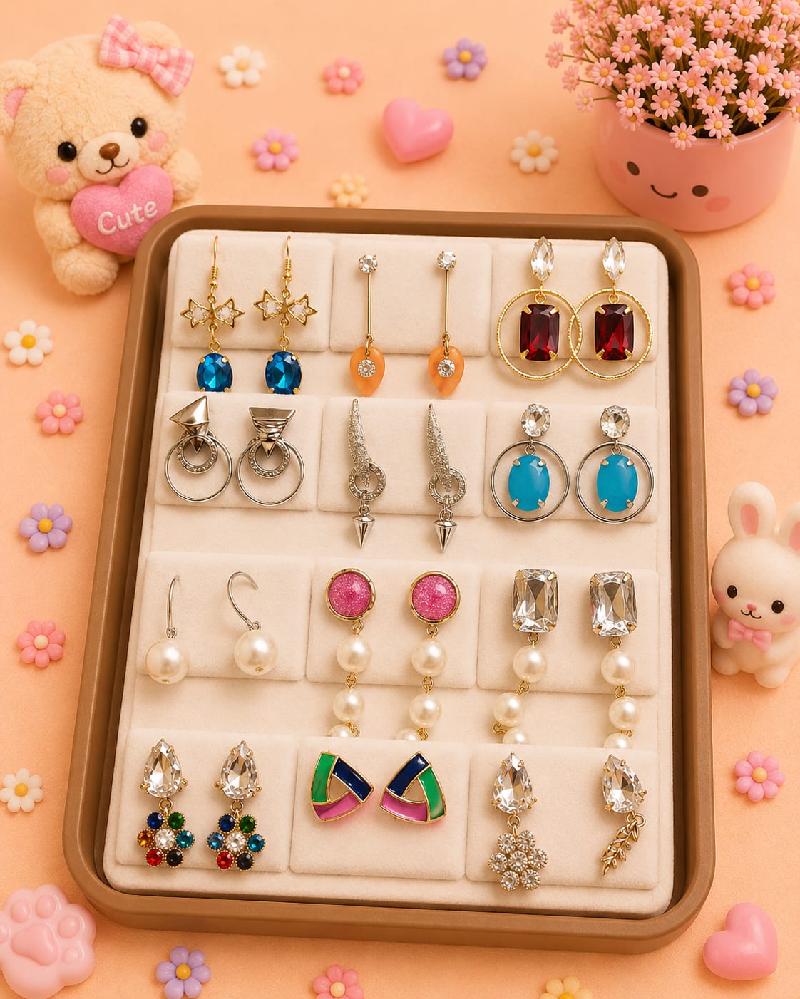 Korean chic earrings with a foldable box ( pack of 12 pieces)