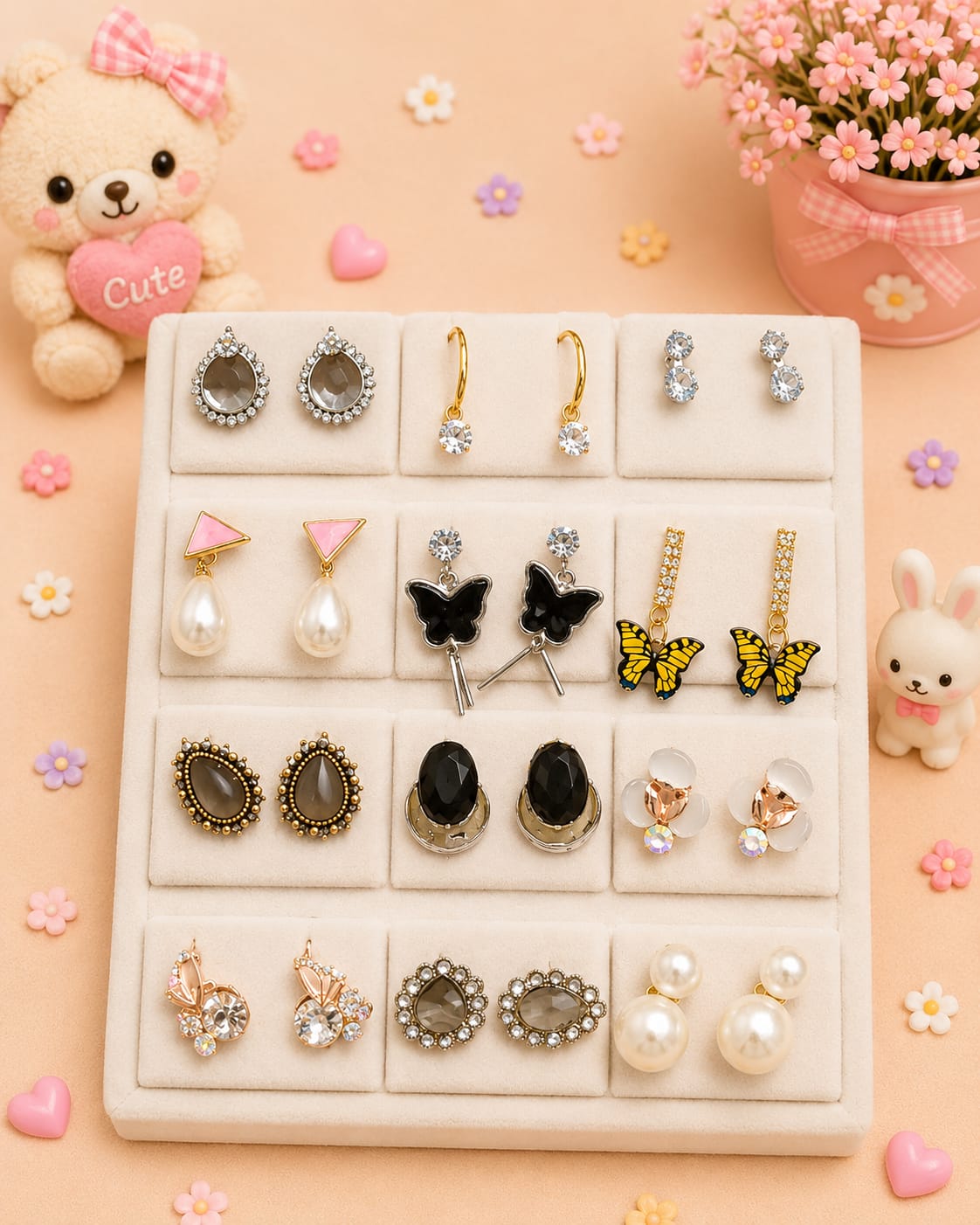 Korean chic earrings with a foldable box ( pack of 12 pieces)
