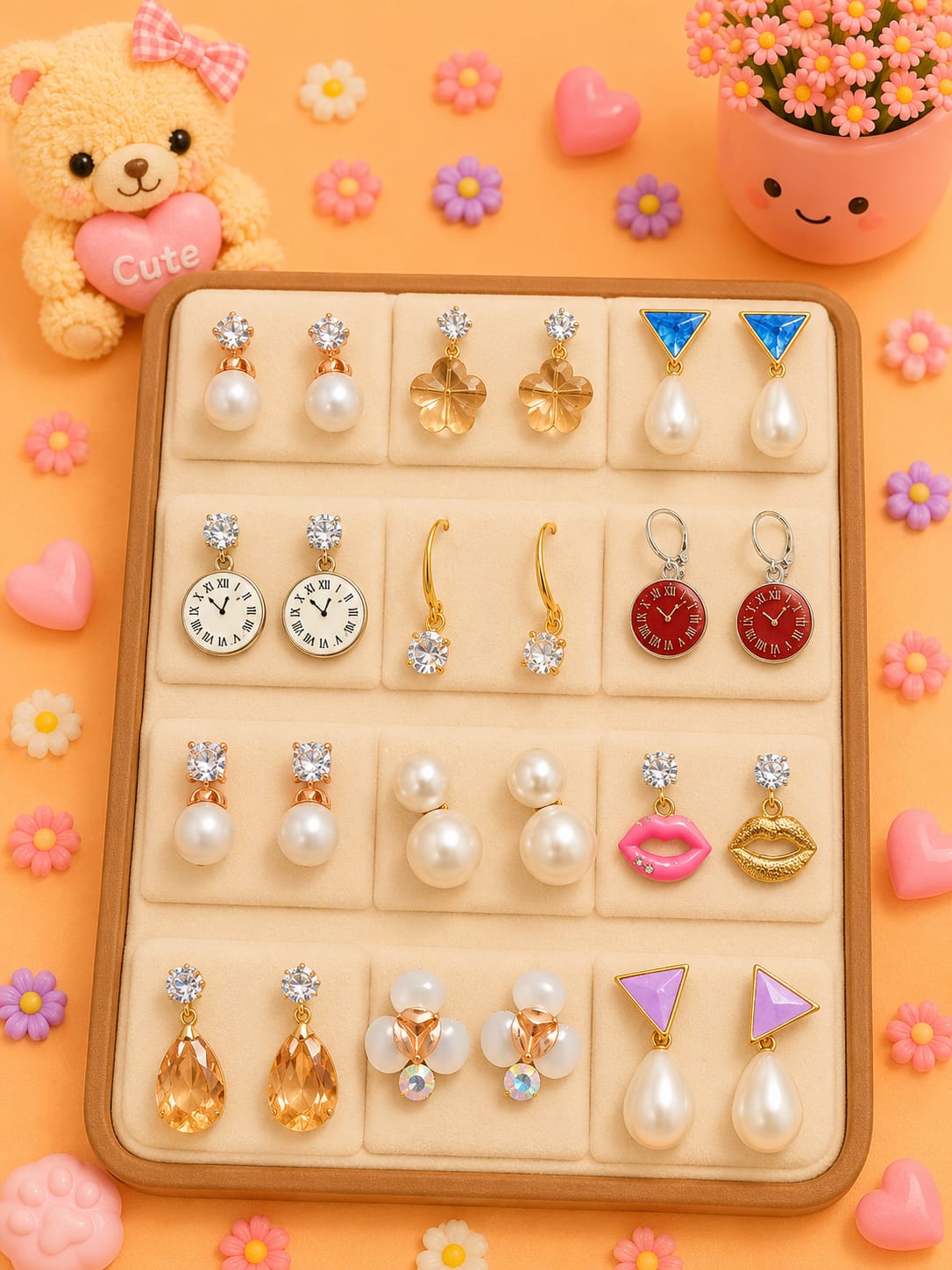 Korean chic earrings with a foldable box ( pack of 12 pieces)