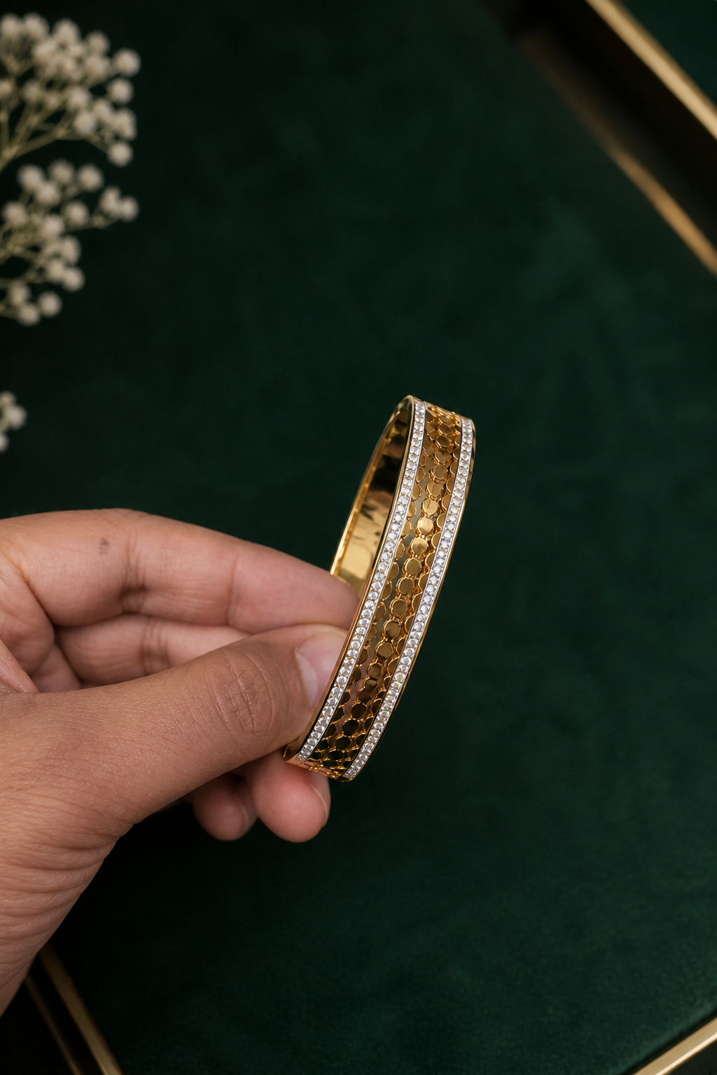 Luxury Gold Finish Openwork Bracelet with Stone Line Design ANTITARNISH-316 polish( pack of 3 piece )