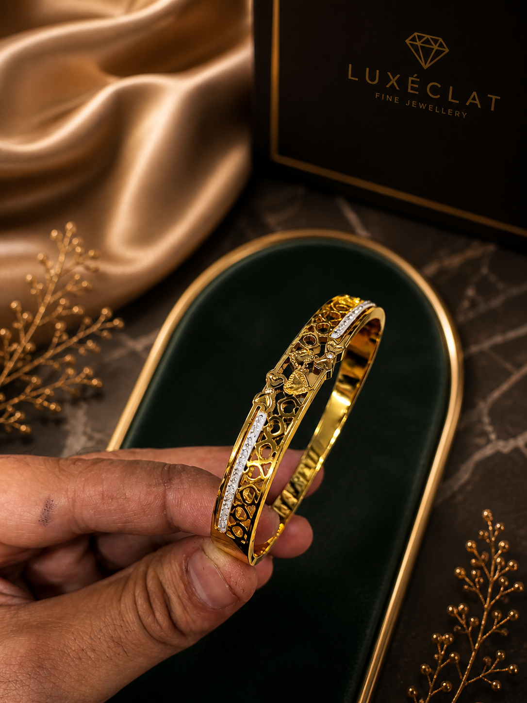 Luxury Gold Finish Openwork Bracelet with Stone Line Design ANTITARNISH-316 polish( pack of 3 piece )