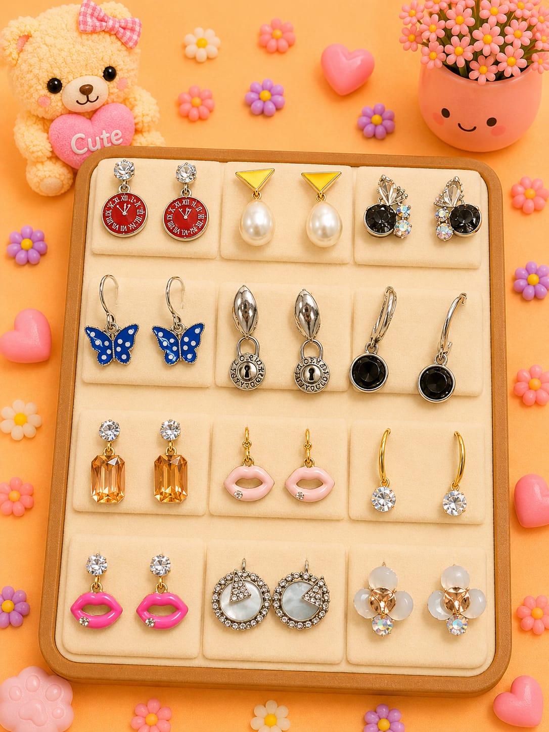 Korean chic earrings with a foldable box ( pack of 12 pieces)