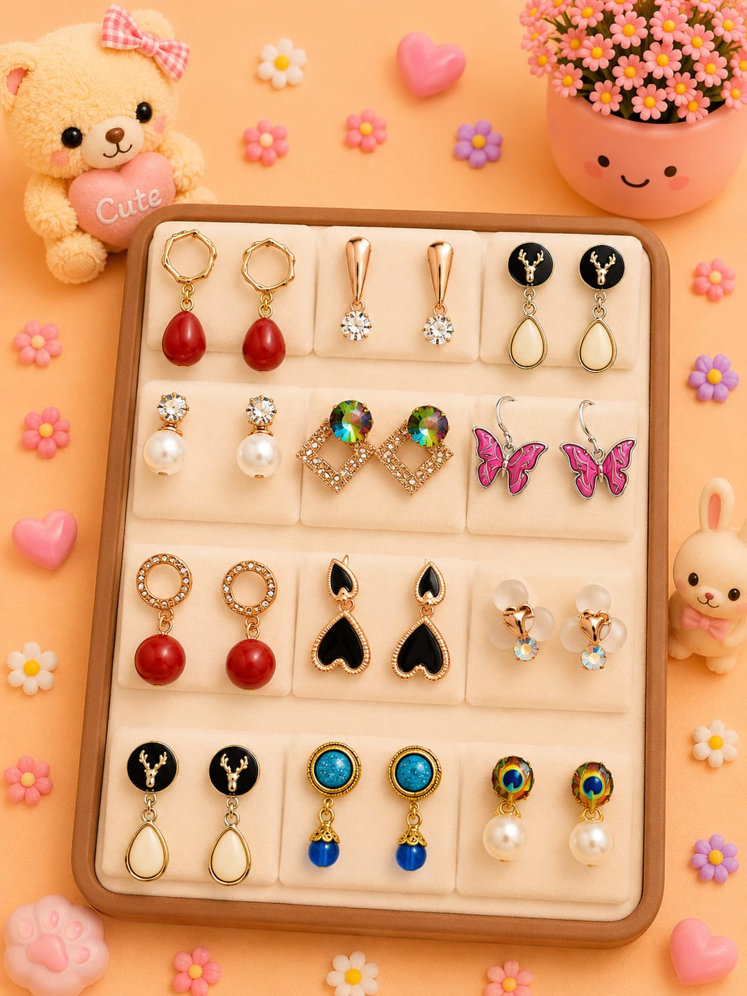 Korean chic earrings with a foldable box ( pack of 12 pieces)