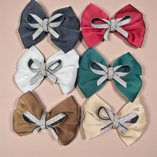 Premium Bow Hair Clutchers with Rhinestone Detailing | Party & Daily Wear (pack of 6)