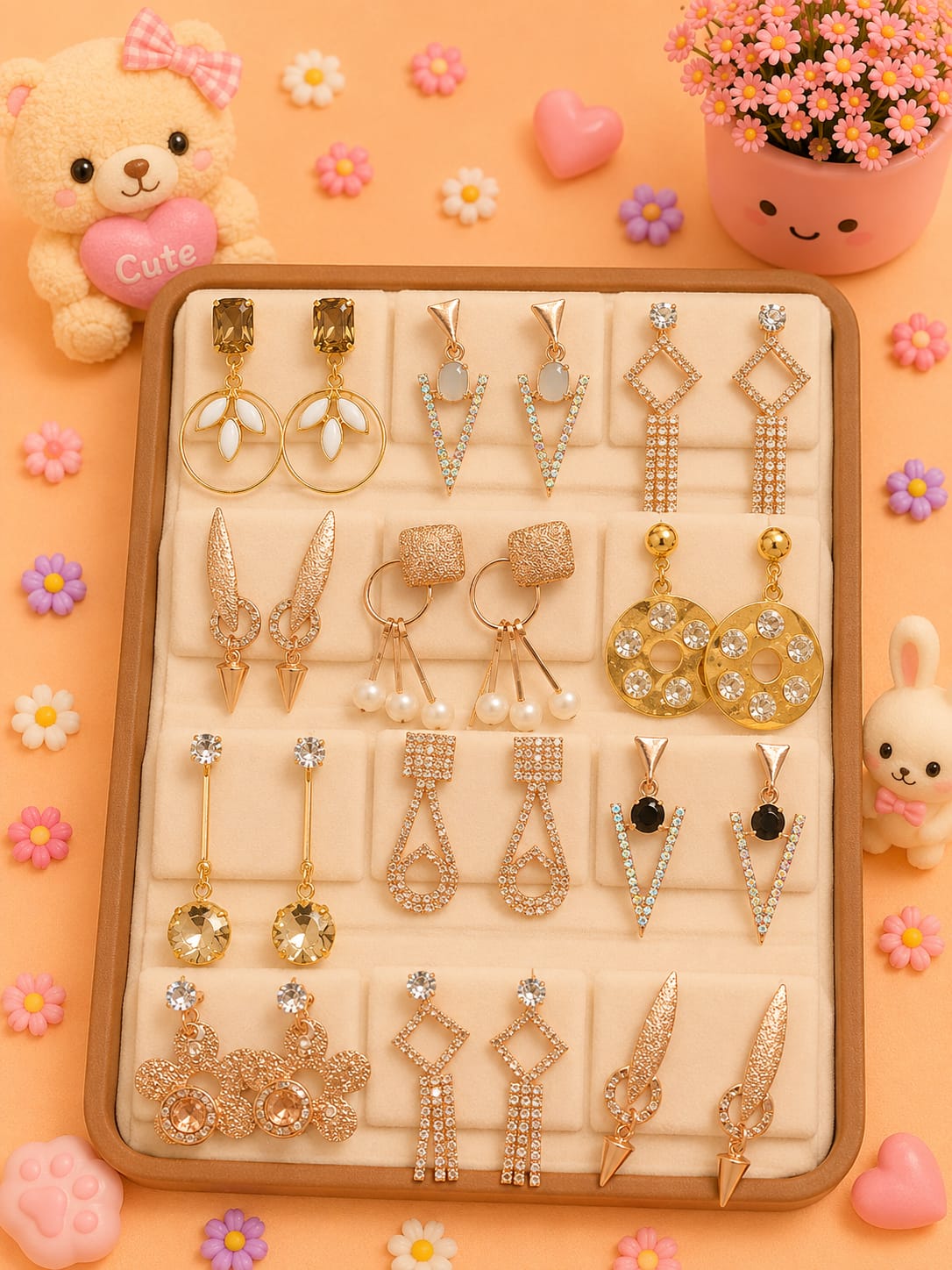Korean chic earrings with a foldable box ( pack of 12 pieces)
