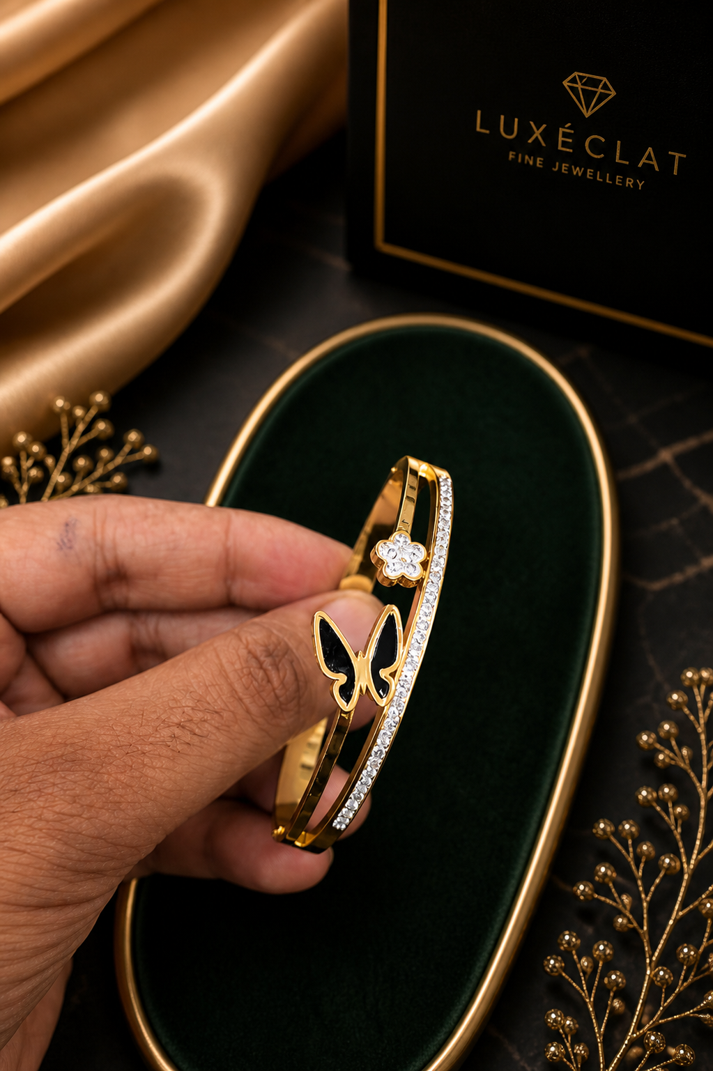 Luxury Gold Finish Openwork Bracelet with Stone Line Design ANTITARNISH-316 polish( pack of 3 piece )