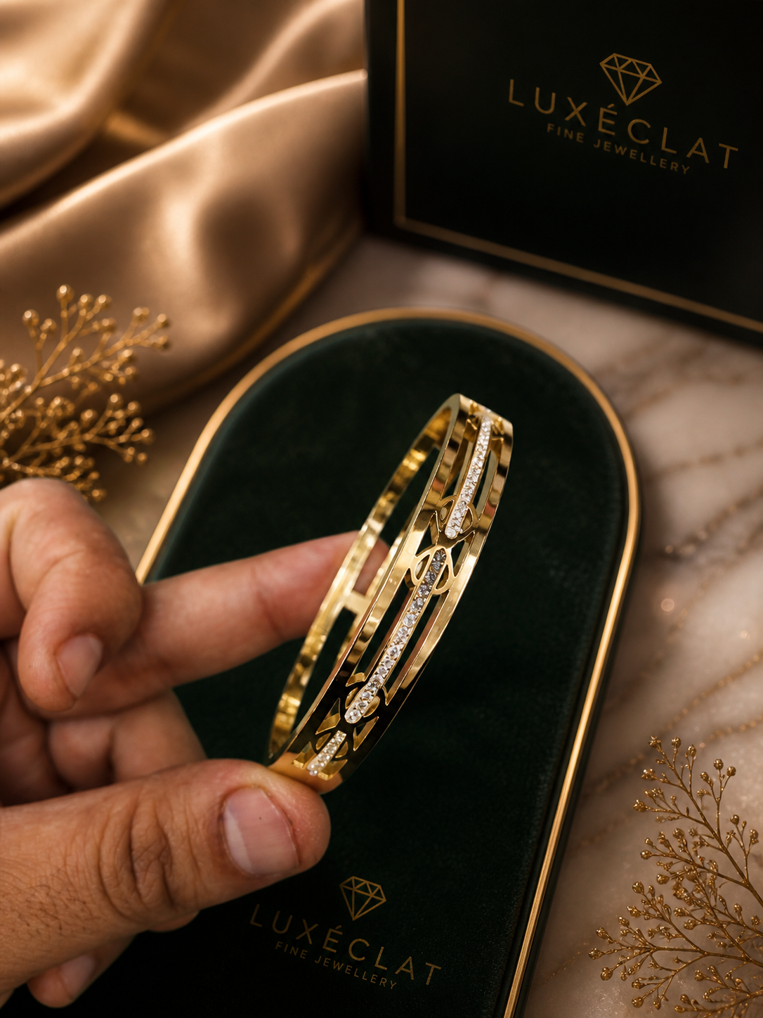 Luxury Gold Finish Openwork Bracelet with Stone Line Design ANTITARNISH-316 polish( pack of 3 piece )