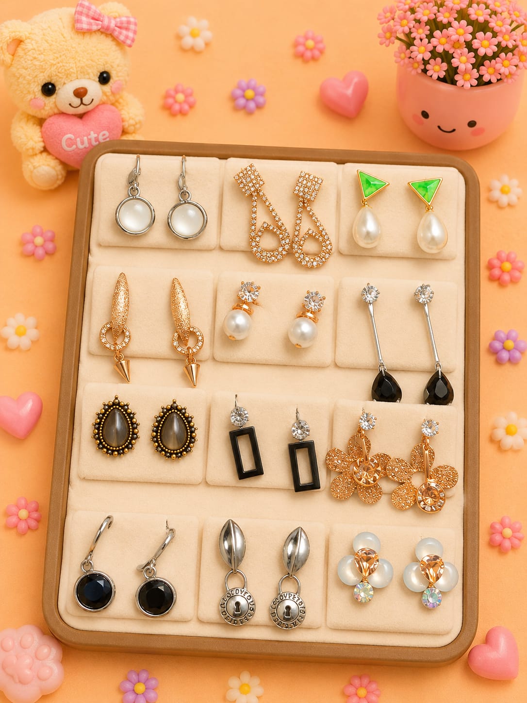 Korean chic earrings with a foldable box ( pack of 12 pieces)