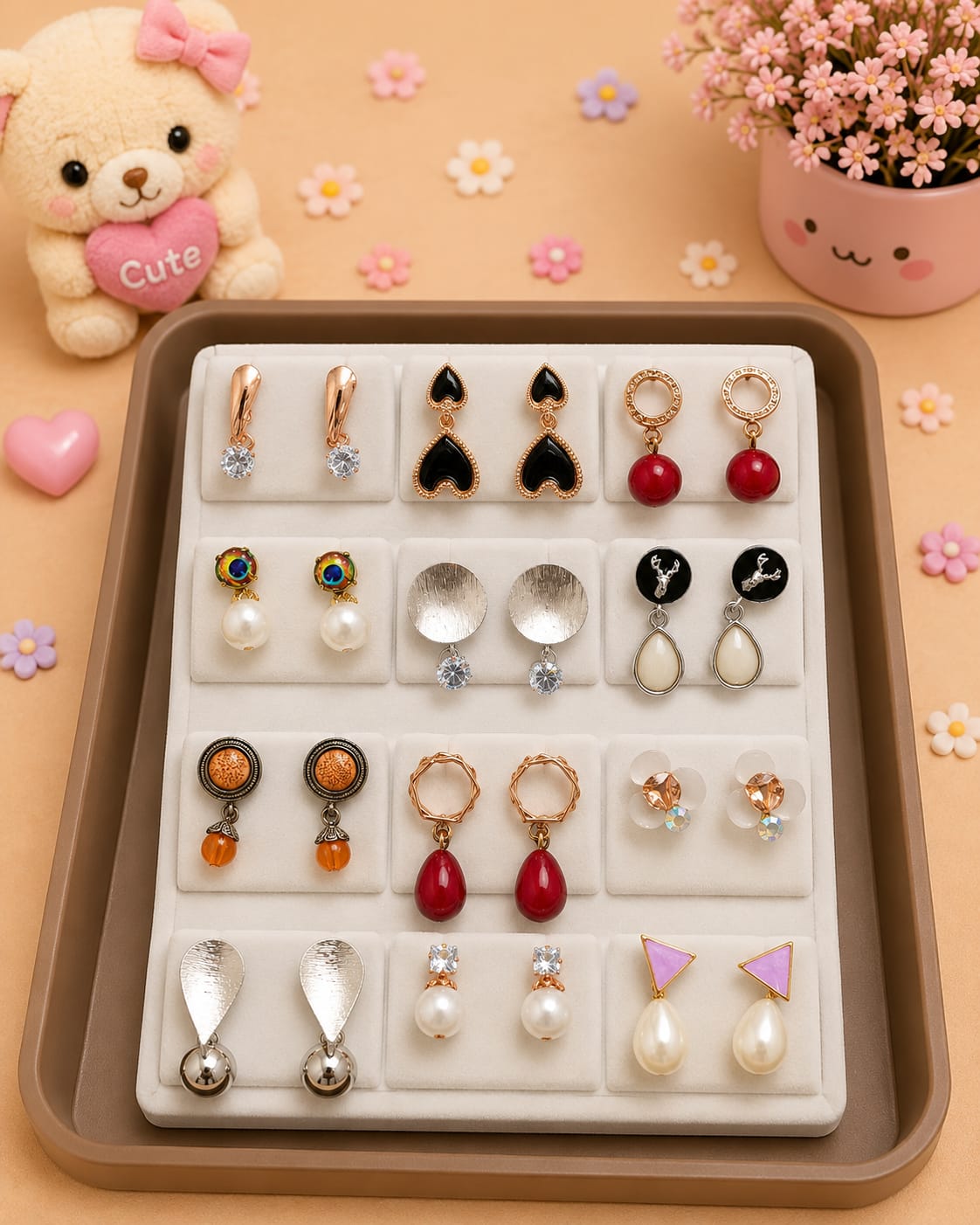 Korean chic earrings with a foldable box ( pack of 12 pieces)