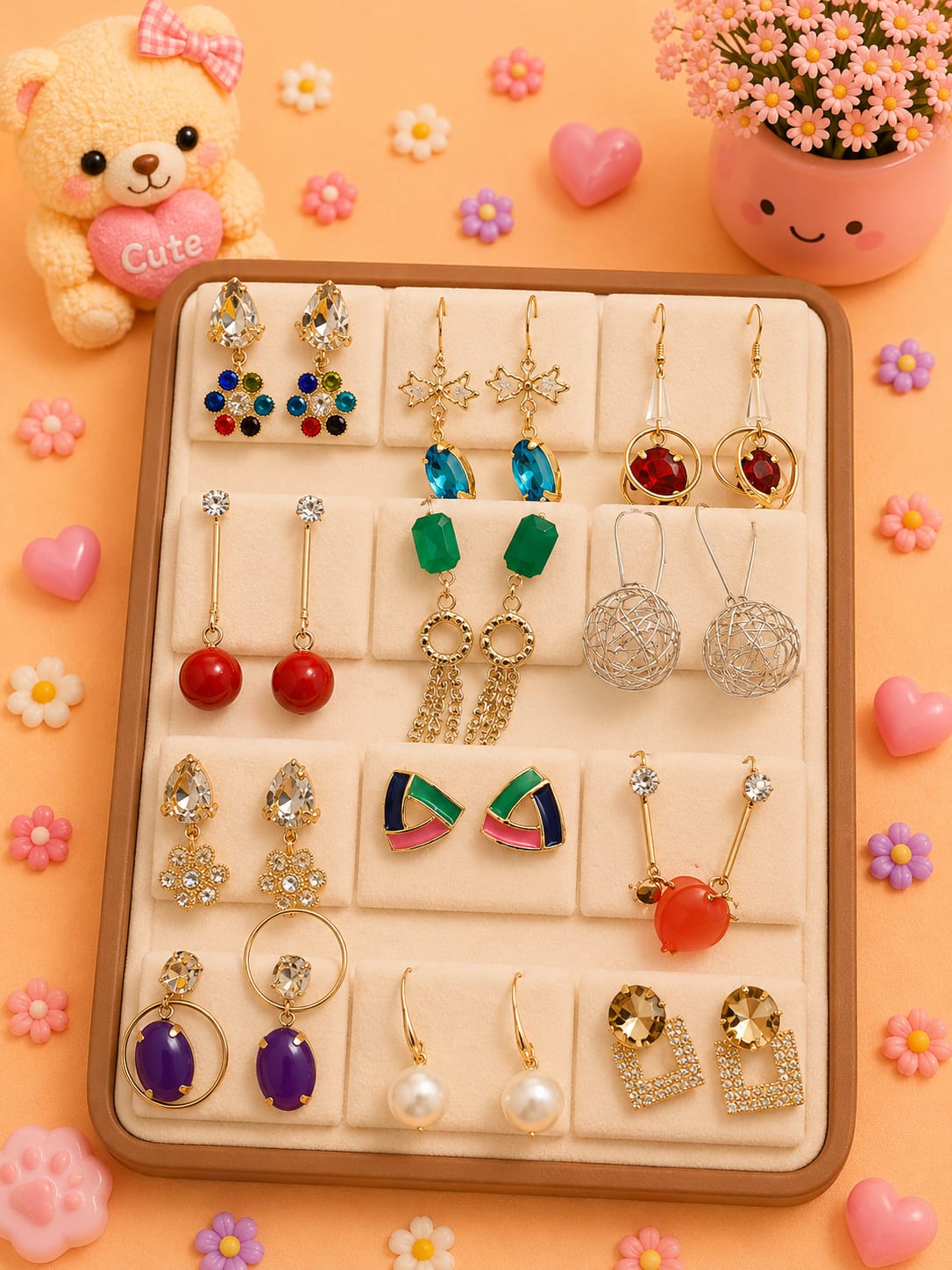 Korean chic earrings with a foldable box ( pack of 12 pieces)