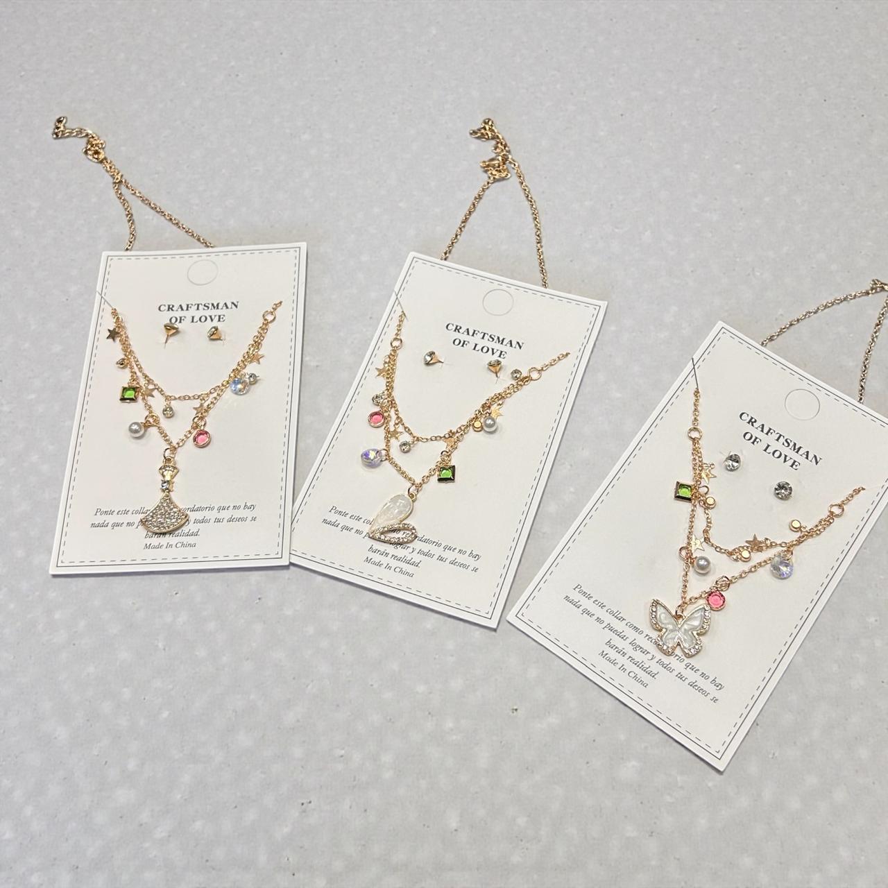 Trendy Butterfly & Crystal Layered Necklace with Stud Earrings( set of 12)