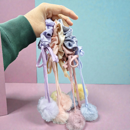 Scrunchies with pompom tail (pack of 12)