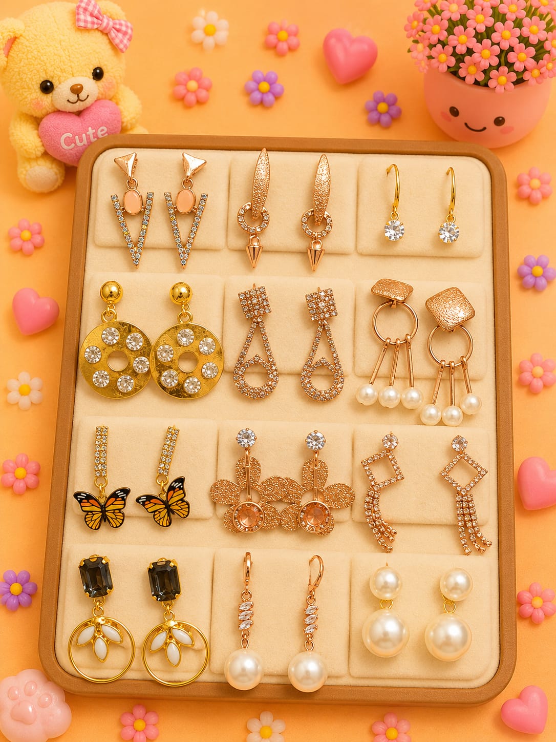 Korean chic earrings with a foldable box ( pack of 12 pieces)