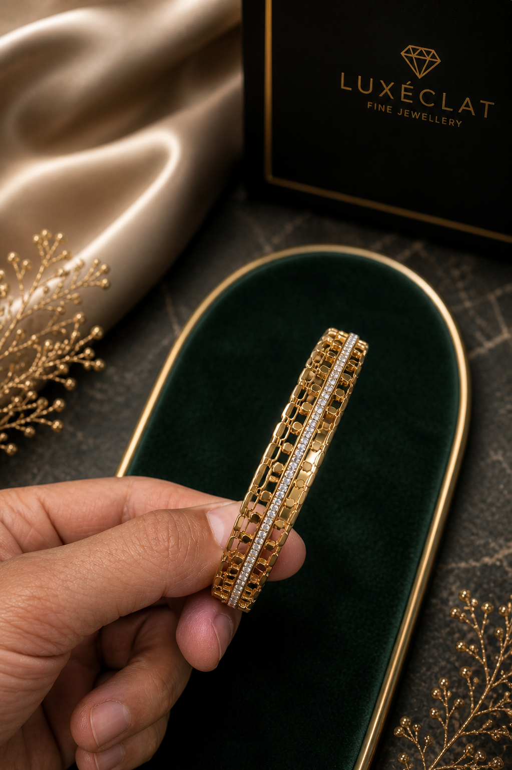 Luxury Gold Finish Openwork Bracelet with Stone Line Design ANTITARNISH-316 polish( pack of 3 piece )